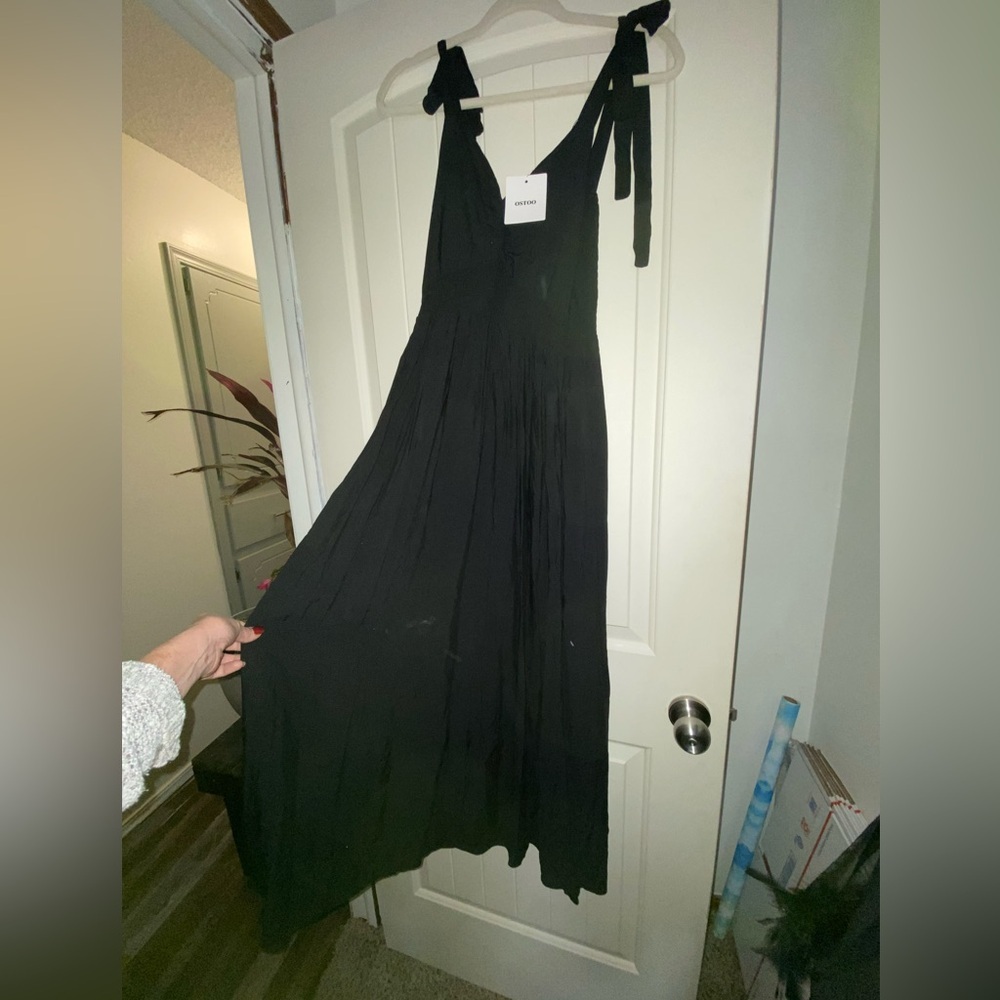 Make offer OSTOO Black viscose maxi tie straps bohemian prom stretch top S 152